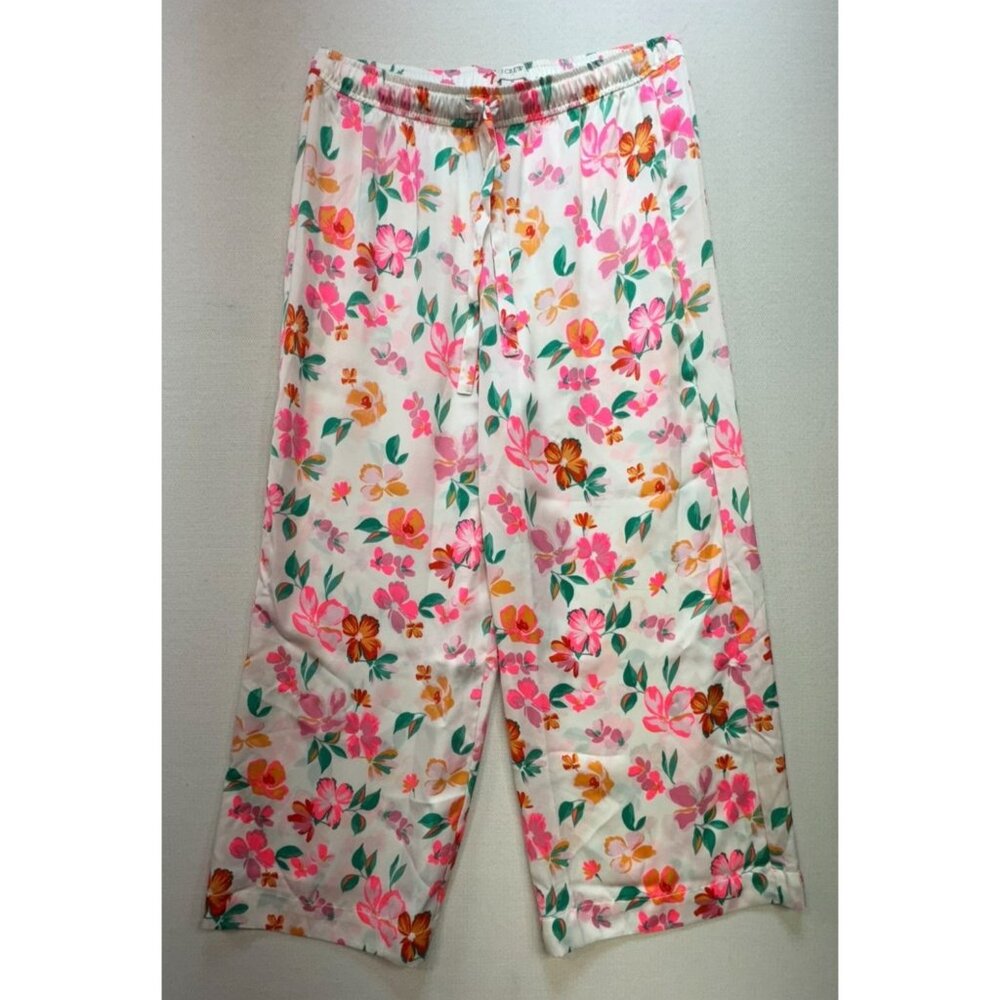 J. Crew Womens Satin Lounge Pants Size M Pink White Floral Cropped Wide Leg Boho